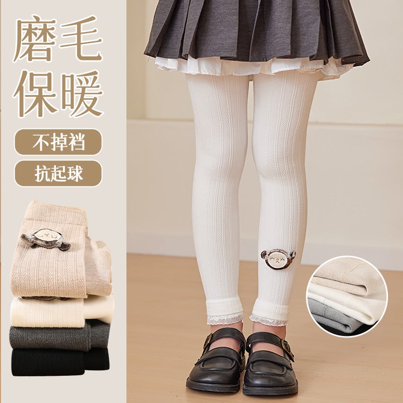 Girls' Velvet Leggings Cropped Brushed Outer Wear Baby Tights Decorative Lace Children'S Pantyhose - Image 2