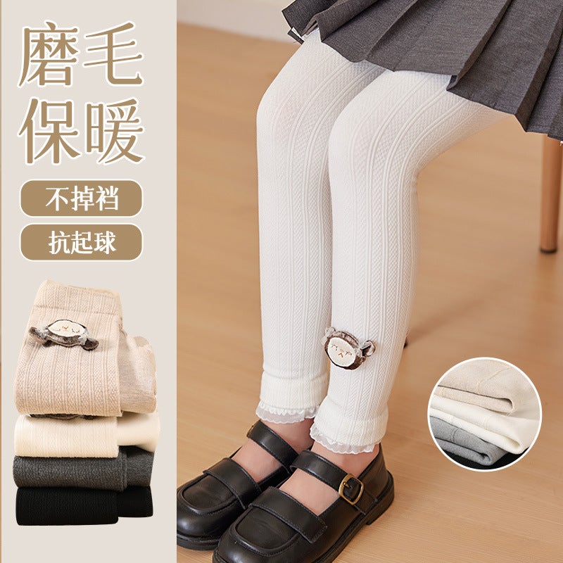Girls' Velvet Leggings Cropped Brushed Outer Wear Baby Tights Decorative Lace Children'S Pantyhose - Image 3