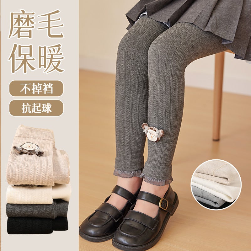 Girls' Velvet Leggings Cropped Brushed Outer Wear Baby Tights Decorative Lace Children'S Pantyhose - Image 4