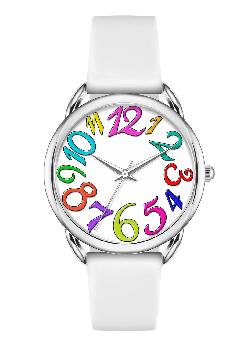 Bisley 38MM Women Watch Big Arabic Numbers Dial Easy to Read White Silicone Strap Watch - Image 1