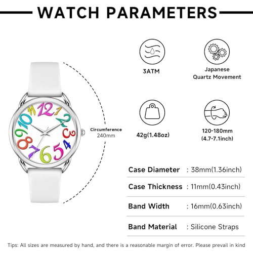 Bisley 38MM Women Watch Big Arabic Numbers Dial Easy to Read White Silicone Strap Watch - Image 5