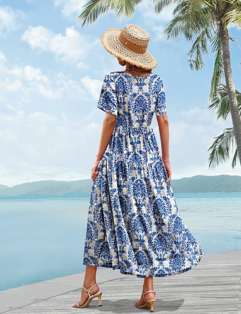 YESNO Women Casual Loose Bohemian Floral Dress with Pockets Short Sleeve Long Maxi Summer Beach Swing Dress XL EJF CR425B - Image 4