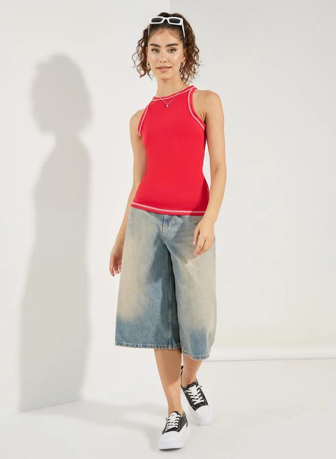 Styli Contrast Stitch Detail Racer Neck Tank
