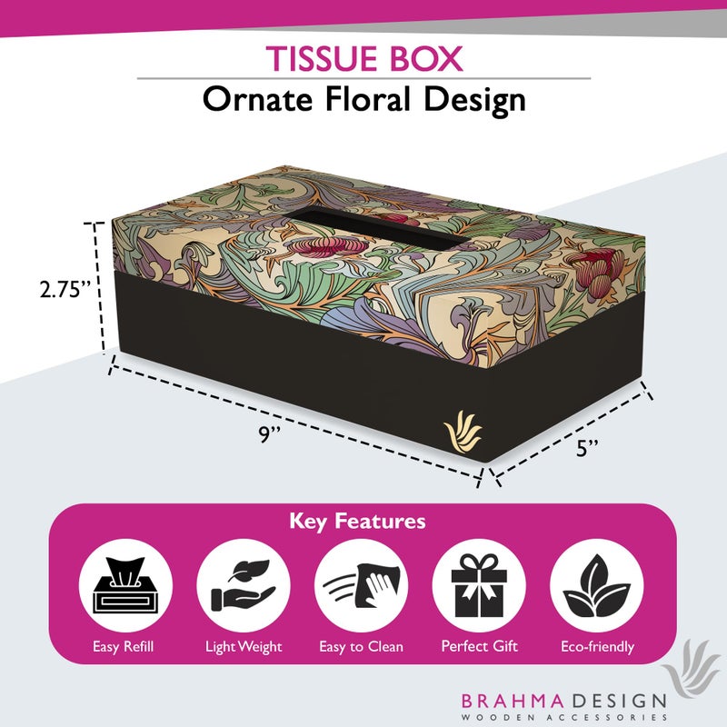BRAHMA DESIGN حامل علبة المناديل بتصميم براهمان | تصميم زهور مزخرف مع حافة سوداء | حجم 9" × 5" × 2.75" لحامل علبة المناديل للسيارة والمنزل | غطاء علبة مناديل قابلة لإعادة التعبئة للسيارة - Image 2