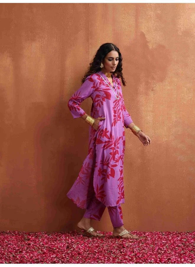 trueBrowns Purple Print Straight Kurta Set