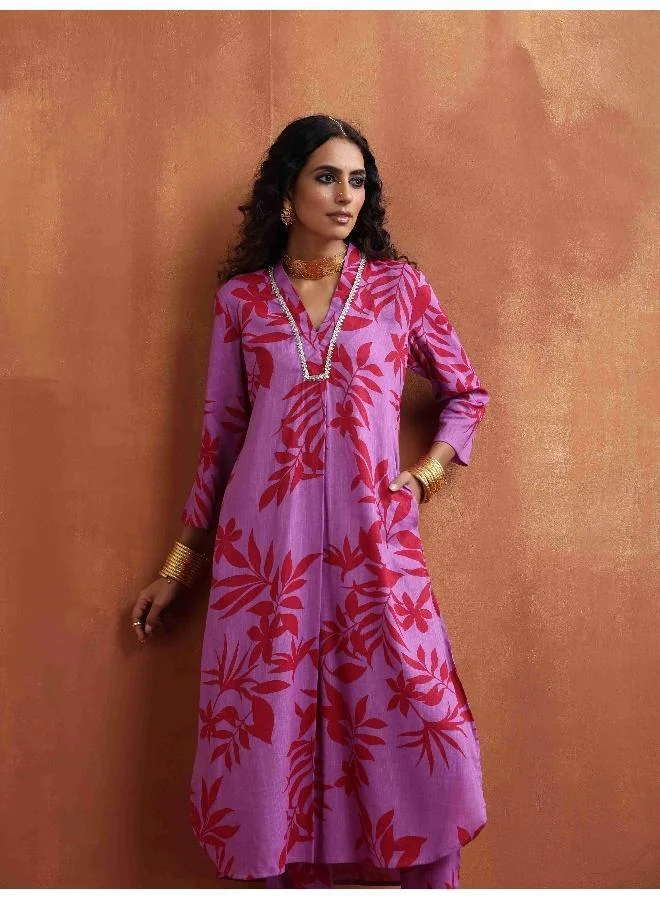 trueBrowns Purple Print Straight Kurta Set