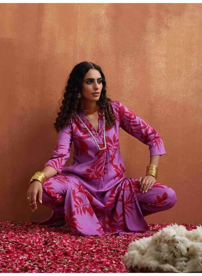 trueBrowns Purple Print Straight Kurta Set