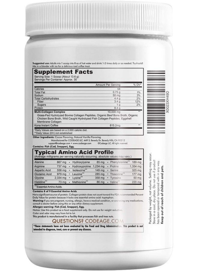 Codeage - Multi Collagen Peptides Protein Powder Chocolate Mocha Instant Coffee Low Calories Drink & Shake Collagen Type I Ii Iii V & X Grassfed Pastureraised Hydrolyzed Nongmo 14.39Oz - Image 1