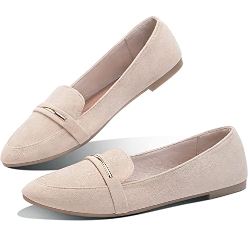 Obtaom Women's Pointy Toe Loafer Flat Comfortable Faux Suede Work Shoes,Cute Penny Loafer Slip On Ballet Flat(Beige US9) - Image 1