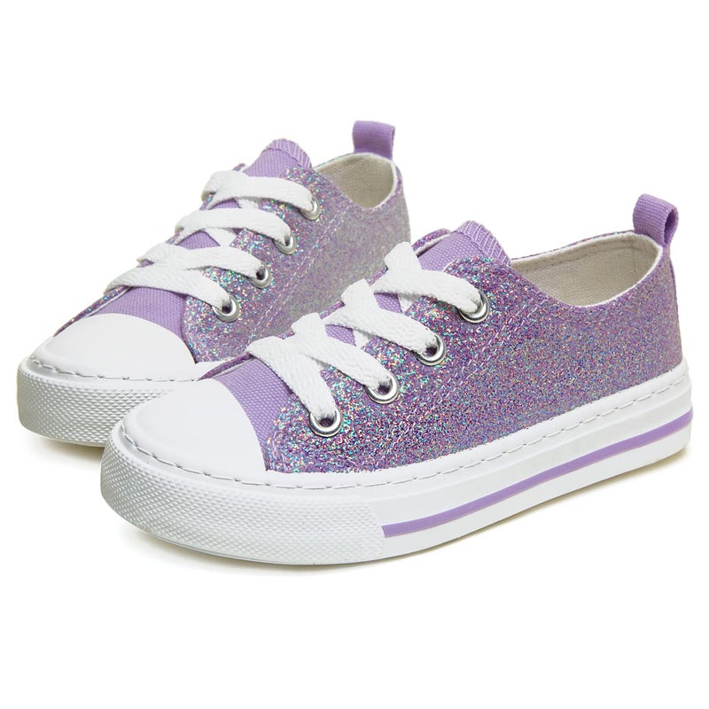Toandon Girls Kids Sneakers Glitter Sequins Canvas Shoes Toddler Child Glitter Sparkle Low Top Lace Up Non Slip Lightweight Walking Outdoor Purple Size 3 - Image 1