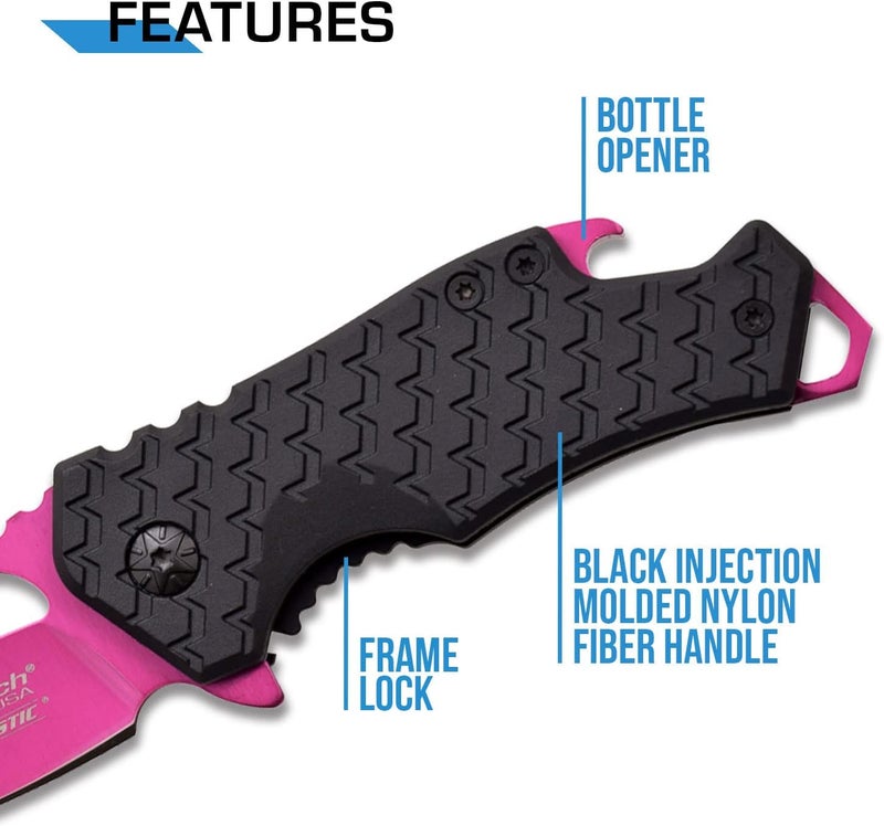 MTECH USA – Pocket Folding Knife – Fine Edge Steel Blade, Aluminum/Nylon Fiber Handle, Bottle Opener and Pocket Clip, Tactical, EDC, Self Defense- MT-A882 - Image 5