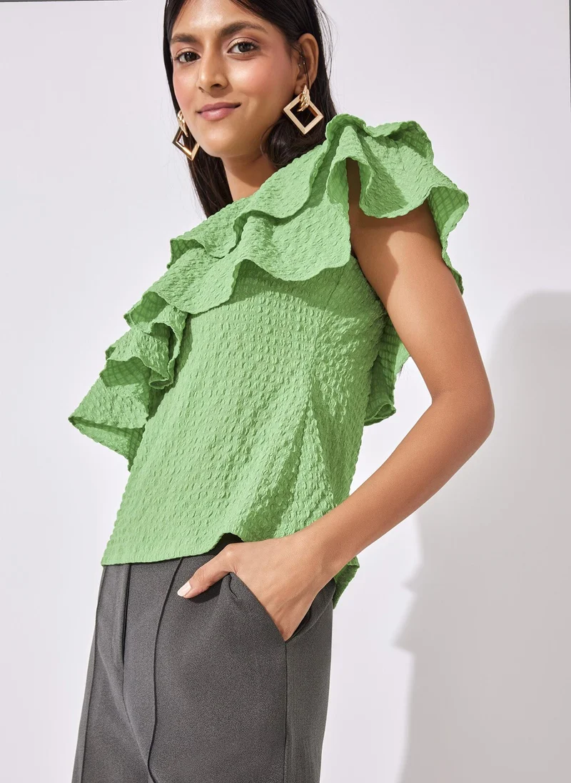 The Label Life Leaf Ruffled One Shoulder Top