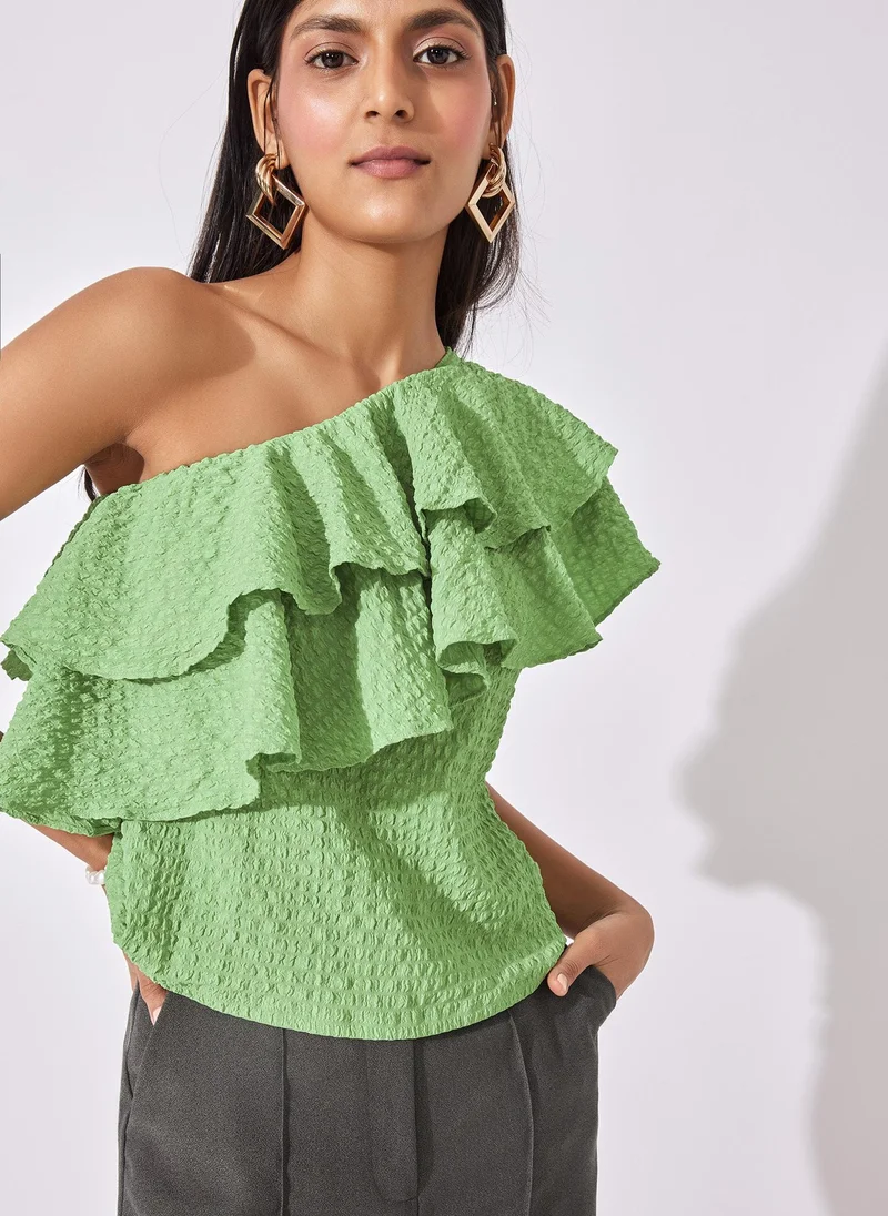 The Label Life Leaf Ruffled One Shoulder Top