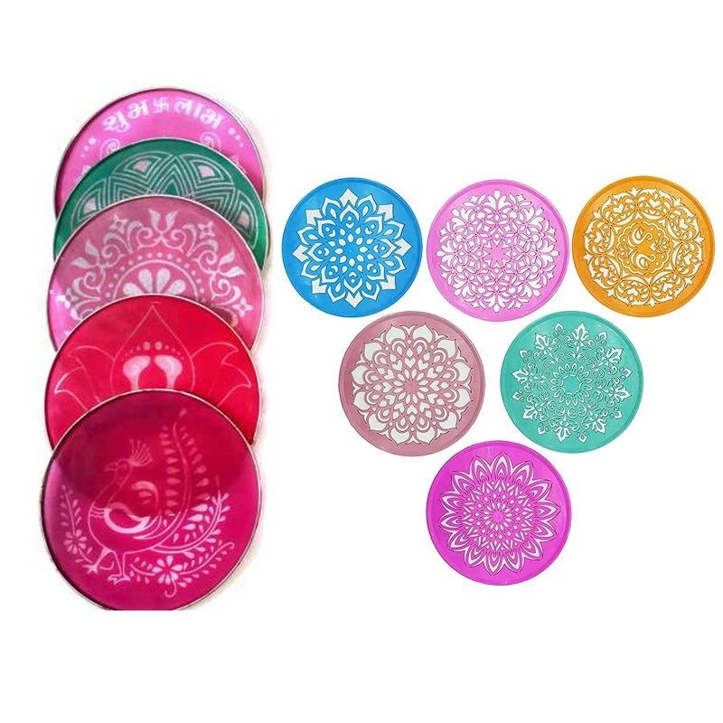 Ascension Plastic Multi Designer Rangoli Stencils Included Set of 10 Stencils, 8 Inches Round Rangoli Stamp & 6 Circle Stencils Flower Ganesha Kalash Swastik Stencils - Image 1