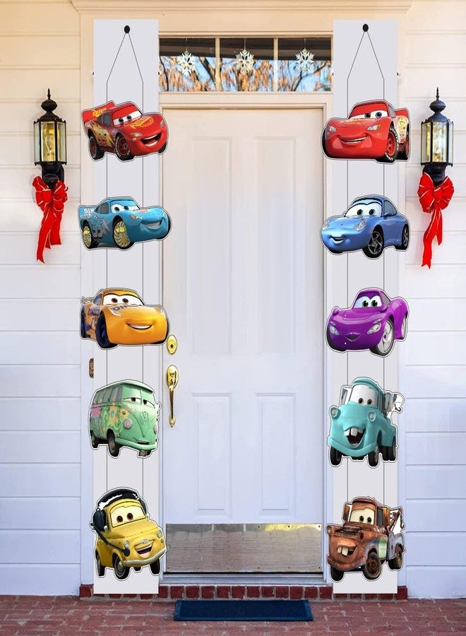 ARHAVI 2pcs Cars Theme Porch Sign Door Hanging Banner, Cars Birthday Party Supplies for Kids Party Wall Decorations - Image 1