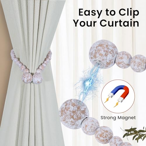 KLOGTSIND Magnetic Curtain Tiebacks, Curtain Tie Backs for Curtains 2 Pack, Wood Bead Curtain Tiebacks, Curtain Holders for Boho Bedroom Decor, Baby Nursery Decor, Farmhouse Decor - Image 2