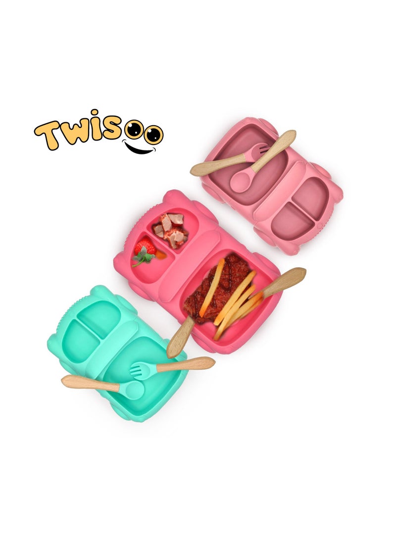 Twisoo Car Design Silicone Suction Baby Food Plate, BPA-Free, Divided Toddler Feeding Dish & Bowl Set with Wooden Spoons, Easy to Clean, Green - Image 3
