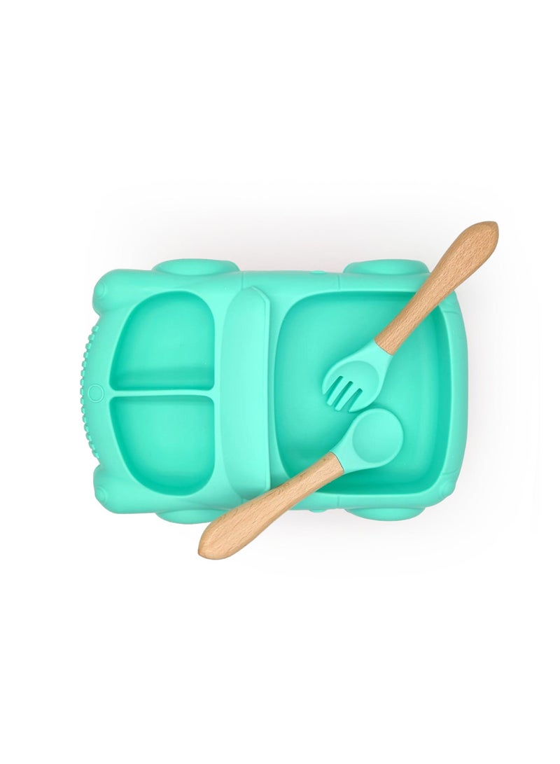 Twisoo Car Design Silicone Suction Baby Food Plate, BPA-Free, Divided Toddler Feeding Dish & Bowl Set with Wooden Spoons, Easy to Clean, Green - Image 1