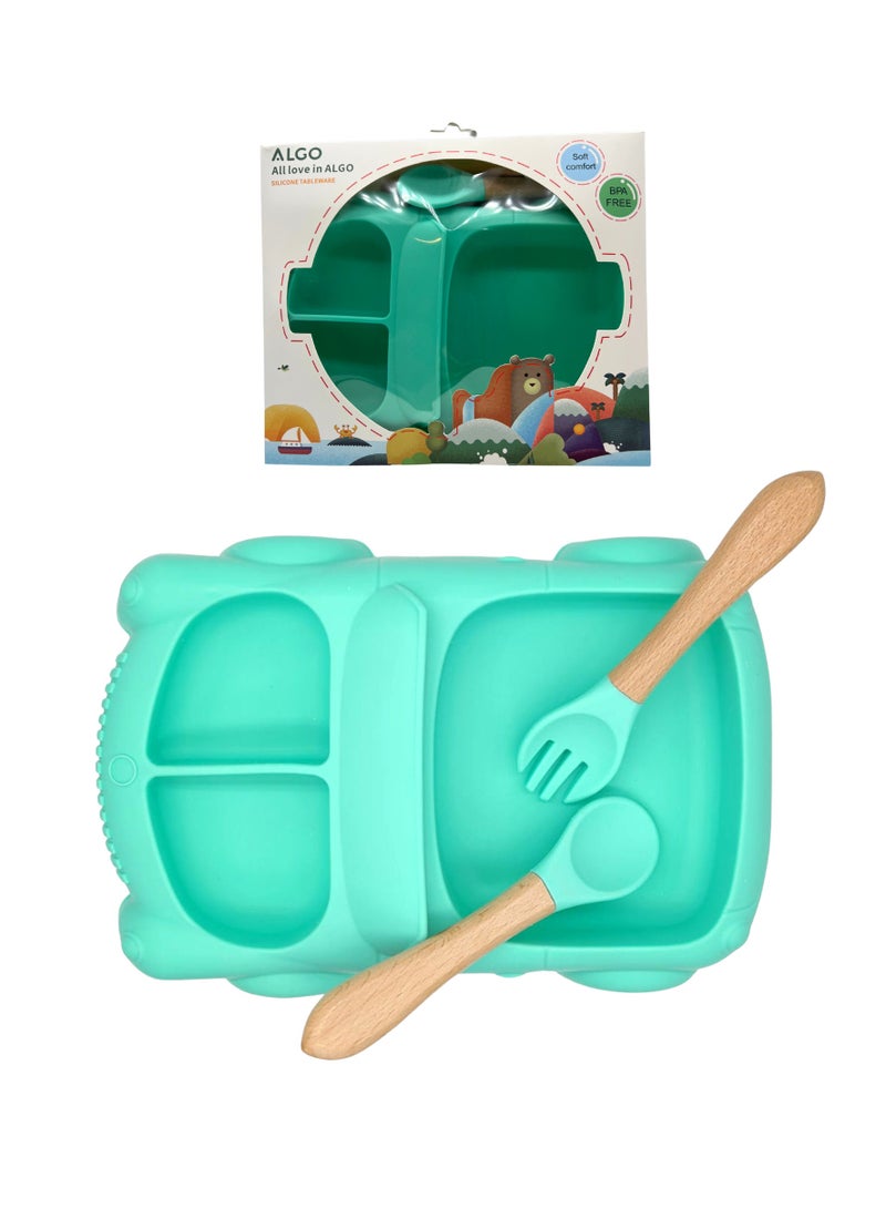 Twisoo Car Design Silicone Suction Baby Food Plate, BPA-Free, Divided Toddler Feeding Dish & Bowl Set with Wooden Spoons, Easy to Clean, Green - Image 2