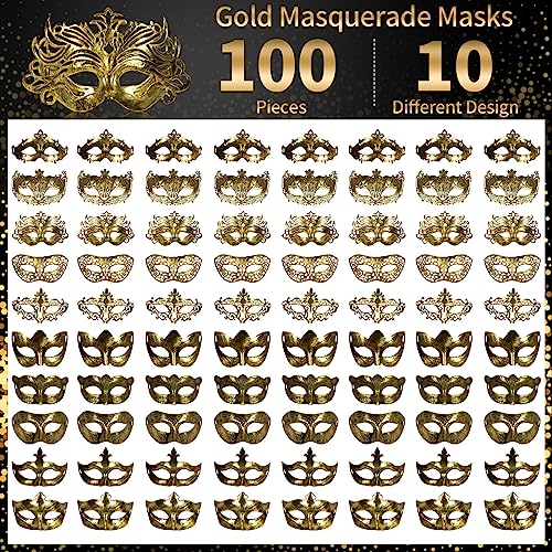 yeload Masquerade Masks 100 Bulk Vintage Masks of Masquerade Party, Venetian, Mardi Gras, Halloween, Masks for Women, Men (Gold) - Image 2