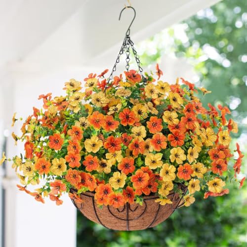 Ekhasa Nostrae Artificial Faux Hanging Plants Flowers Basket for Summer Outdoor Outside Decoration, Fake Silk UV Sun Resistant Look Real Colorful Daisy Eucalyptus for Porch Home Patio Balcony Yard - Image 2