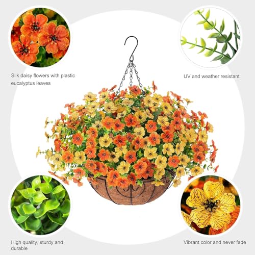 Ekhasa Nostrae Artificial Faux Hanging Plants Flowers Basket for Summer Outdoor Outside Decoration, Fake Silk UV Sun Resistant Look Real Colorful Daisy Eucalyptus for Porch Home Patio Balcony Yard - Image 5