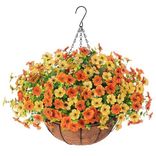 Ekhasa Nostrae Artificial Faux Hanging Plants Flowers Basket for Summer Outdoor Outside Decoration, Fake Silk UV Sun Resistant Look Real Colorful Daisy Eucalyptus for Porch Home Patio Balcony Yard - Image 1