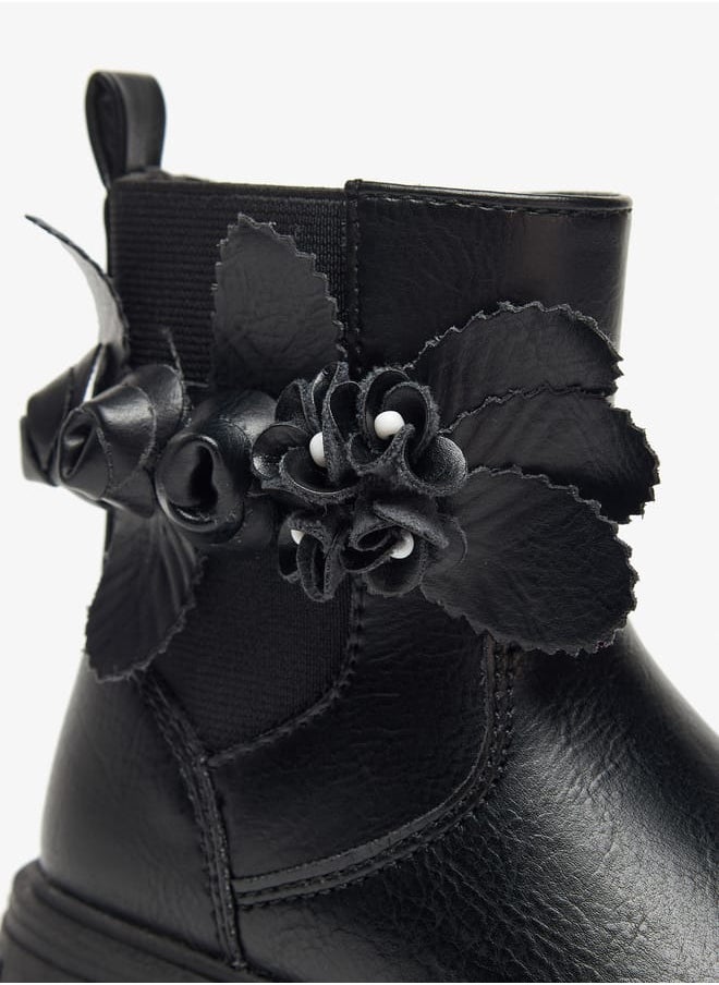JUNIORS - Girls Flower Applique Ankle Boots with Zip Closure and Pull Tab - Image 1
