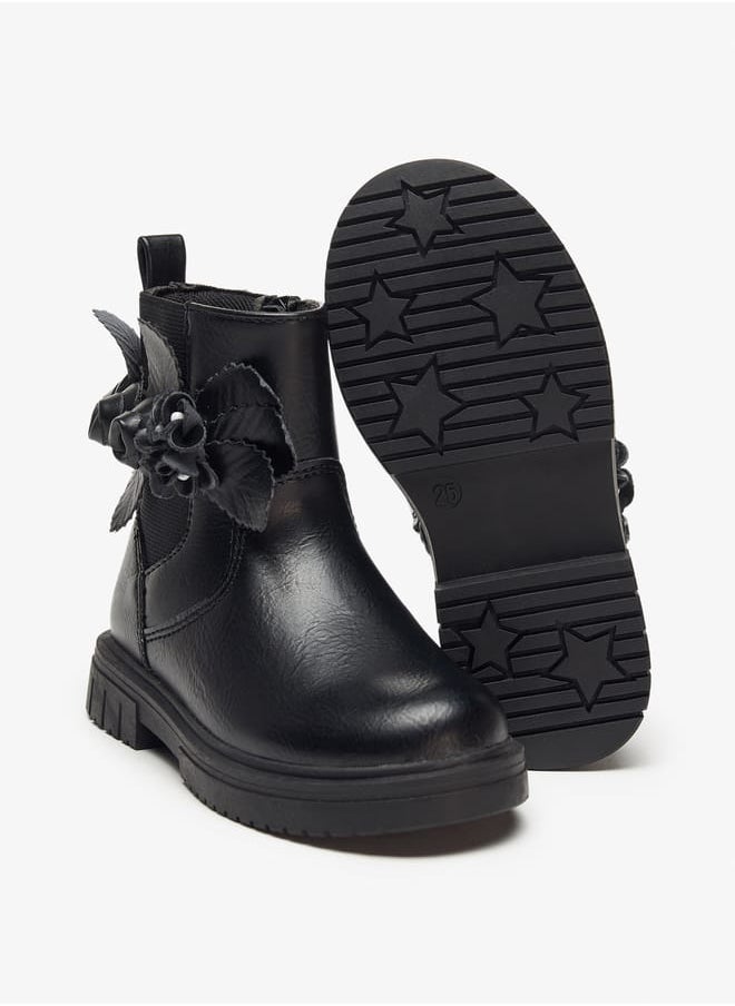 JUNIORS - Girls Flower Applique Ankle Boots with Zip Closure and Pull Tab - Image 1