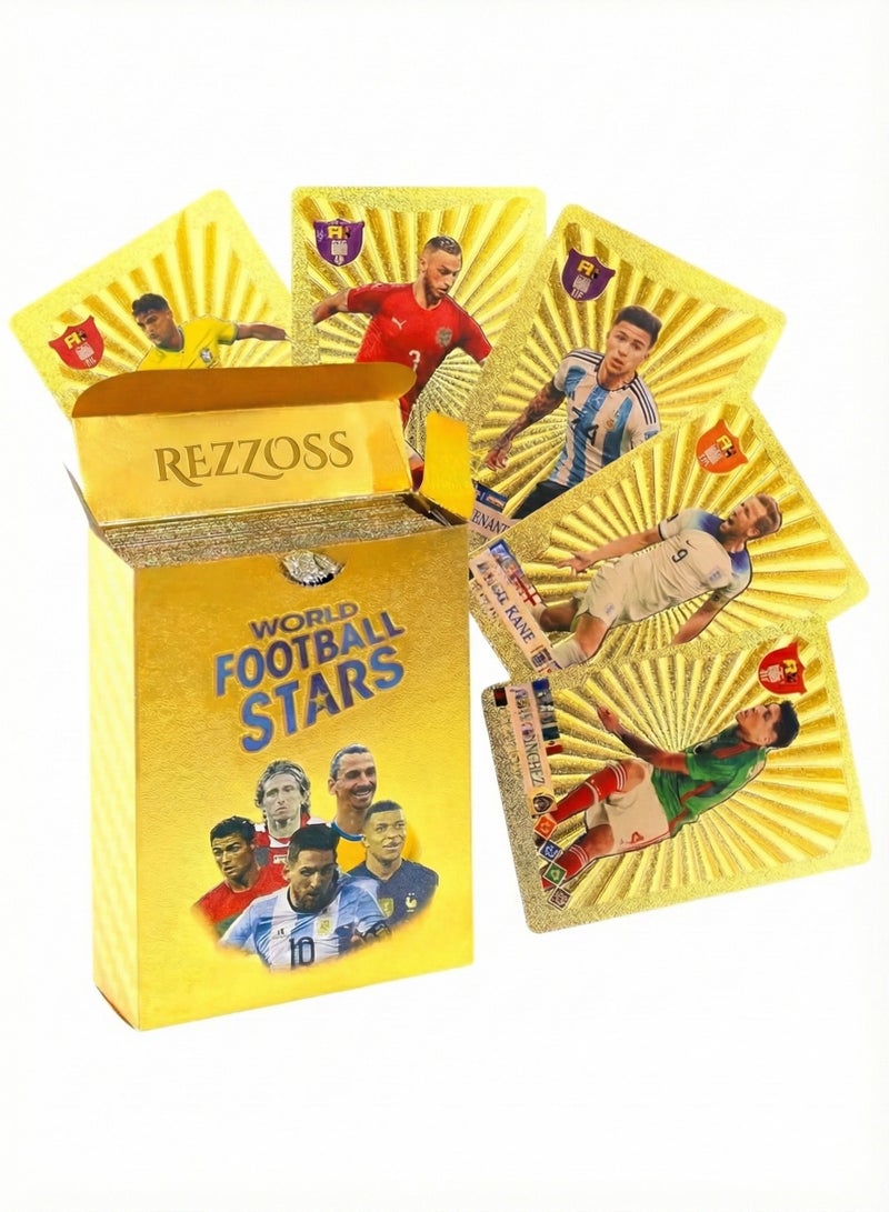 REZZOSS 55 Pcs Gold Foil World Football Stars Soccer Cards – Lionel Messi, Cristiano Ronaldo & Neymar Trading Card Deck | Golden TCG Collectible Set for Kids | National Team Players Battle Game | Waterproof Shiny Gift Box for Boys & Collectors - Image 1