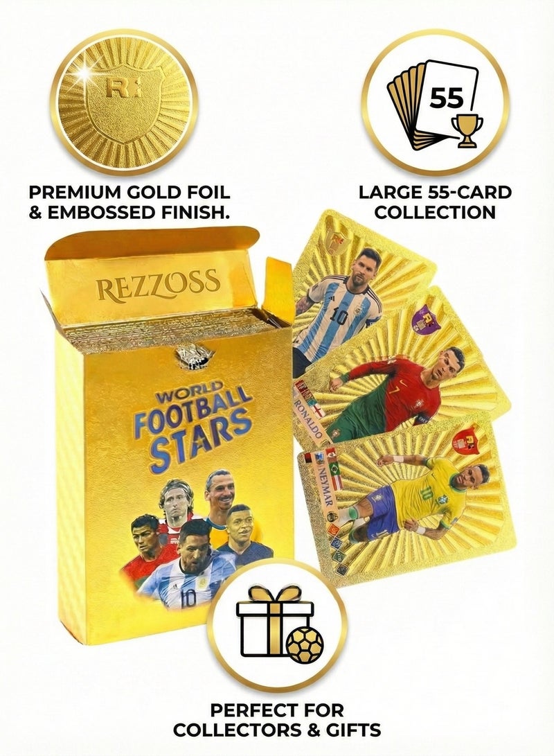 REZZOSS 55 Pcs Gold Foil World Football Stars Soccer Cards – Lionel Messi, Cristiano Ronaldo & Neymar Trading Card Deck | Golden TCG Collectible Set for Kids | National Team Players Battle Game | Waterproof Shiny Gift Box for Boys & Collectors - Image 3