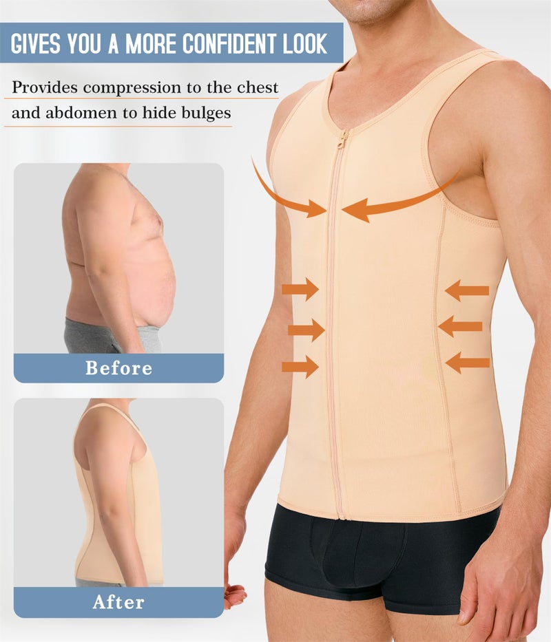 TAILONG Men Compression Shirt For Body Slimming Tank Top shaper Tight Undershirt Tummy Control Girdle (Medium, Beige) - Image 2