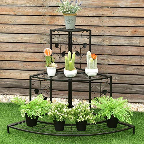 Kundi Floor Mount 3 Tier Plant Stand Floral Corner Shelf Metal Flower Pot Rack Stair-Step Style Display Ladder For Garden Balcony Indoor Outdoor (Black) 81Cm X 57Cm X 70Cm (L X W X H) (Black) - Image 3