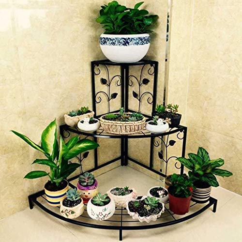 Kundi Floor Mount 3 Tier Plant Stand Floral Corner Shelf Metal Flower Pot Rack Stair-Step Style Display Ladder For Garden Balcony Indoor Outdoor (Black) 81Cm X 57Cm X 70Cm (L X W X H) (Black) - Image 1