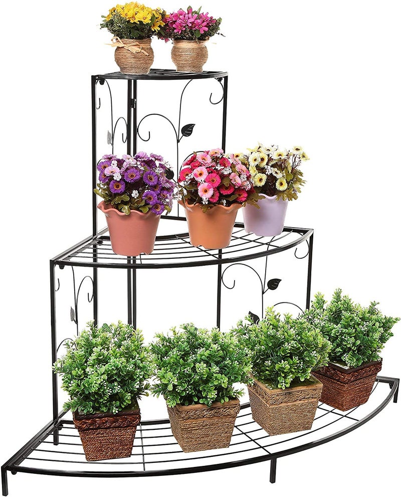 Kundi Floor Mount 3 Tier Plant Stand Floral Corner Shelf Metal Flower Pot Rack Stair-Step Style Display Ladder For Garden Balcony Indoor Outdoor (Black) 81Cm X 57Cm X 70Cm (L X W X H) (Black) - Image 2