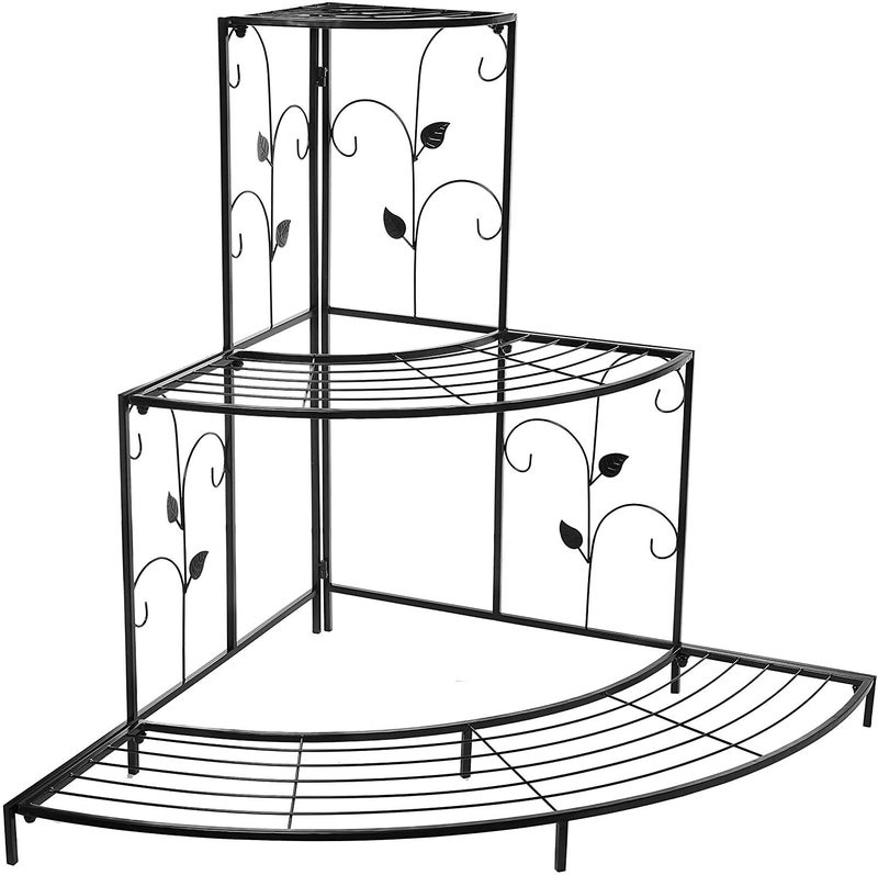Kundi Floor Mount 3 Tier Plant Stand Floral Corner Shelf Metal Flower Pot Rack Stair-Step Style Display Ladder For Garden Balcony Indoor Outdoor (Black) 81Cm X 57Cm X 70Cm (L X W X H) (Black) - Image 4