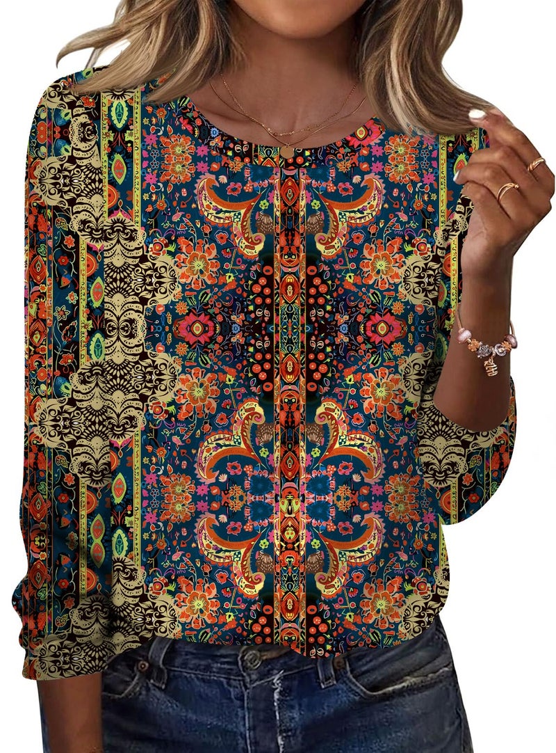 TCOT Women's Crew Neck Long Sleeve Spring Dressy Shirt Tunic Tops Business Ladies Casual Blouses Casher Flower L - Image 1