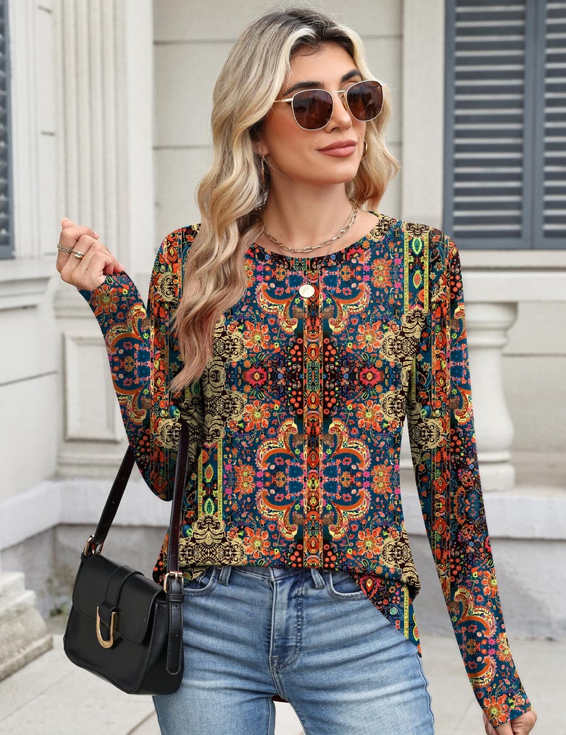 TCOT Women's Crew Neck Long Sleeve Spring Dressy Shirt Tunic Tops Business Ladies Casual Blouses Casher Flower L - Image 2
