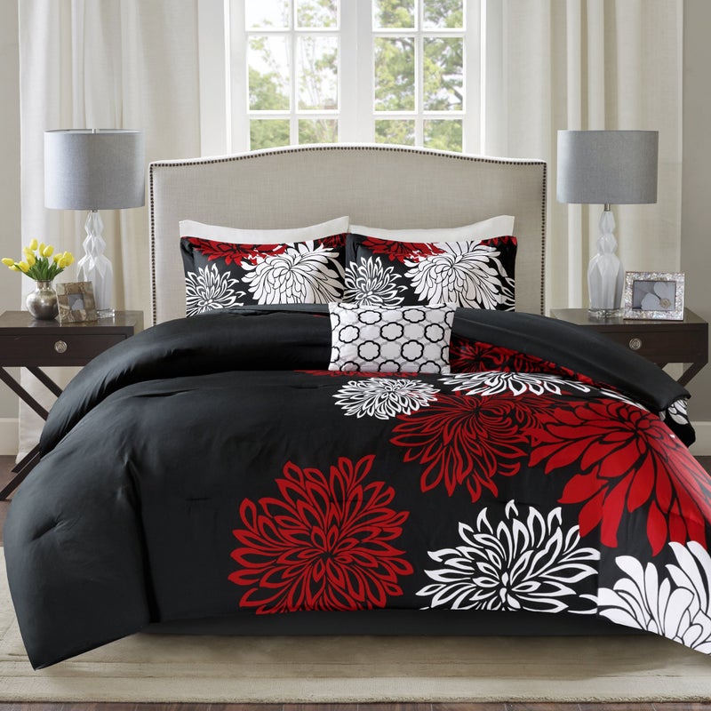 Comfort Spaces Enya Comforter SetModern Floral Design All Season Down Alternative Bedding Matching Shams Bedskirt Decorative Pillows King 104 in x 90 in RedBlack