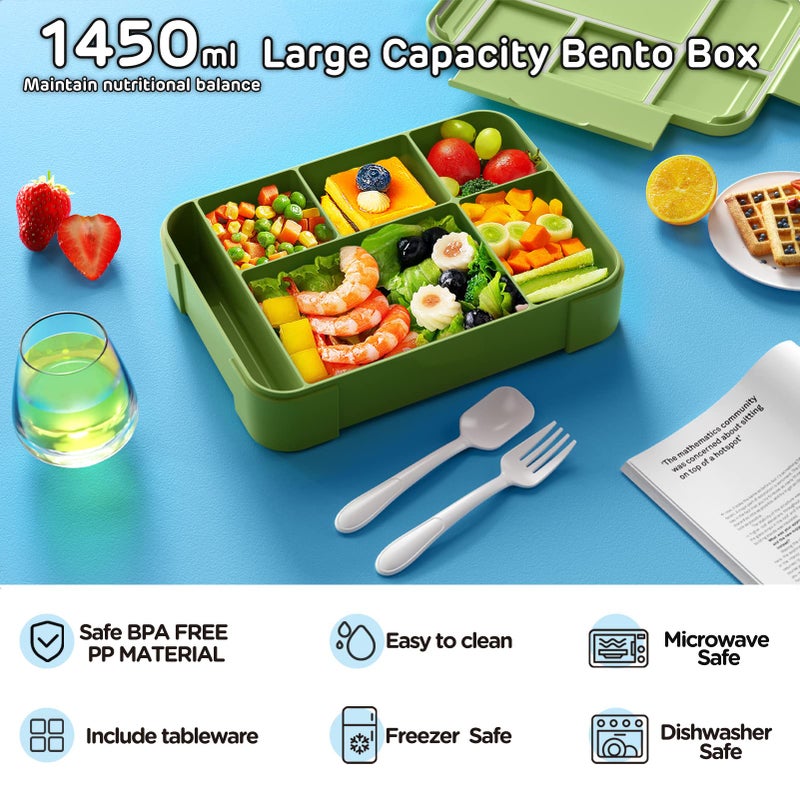 Jelife Bento Box Kids Lunch Box - 1450ml Large Leakproof 6 Compartments Kids Lunchbox Toddler Bento Box with Utensils for School  Book-Style Reusable Lunch Snack Containers for Daycare - Image 2