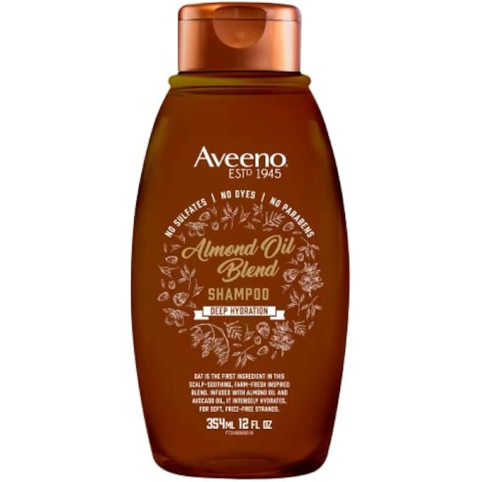 Aveeno ALMOND OIL BLEND SULFATE-FREE SHAMPOO WITH AVOCADO OIL FOR INTENSE HYDRATION, DEEP MOISTURIZING SHAMPOO FOR THICK, CURLY, FRIZZY OR COARSE HAIR, PARABEN & DYE-FREE, 12 FL OZ - Image 1