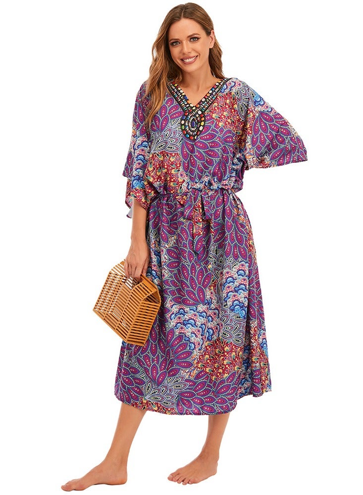 Women V-neck Beach Long Dress Sunscreen Clothing Beach Coat Loos Bikini Smock with Blend Dye Print，Quick Drying Polyester Fiber Fabric(One-Size-Fits-All) - Image 1