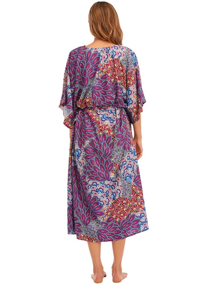 Women V-neck Beach Long Dress Sunscreen Clothing Beach Coat Loos Bikini Smock with Blend Dye Print，Quick Drying Polyester Fiber Fabric(One-Size-Fits-All) - Image 2