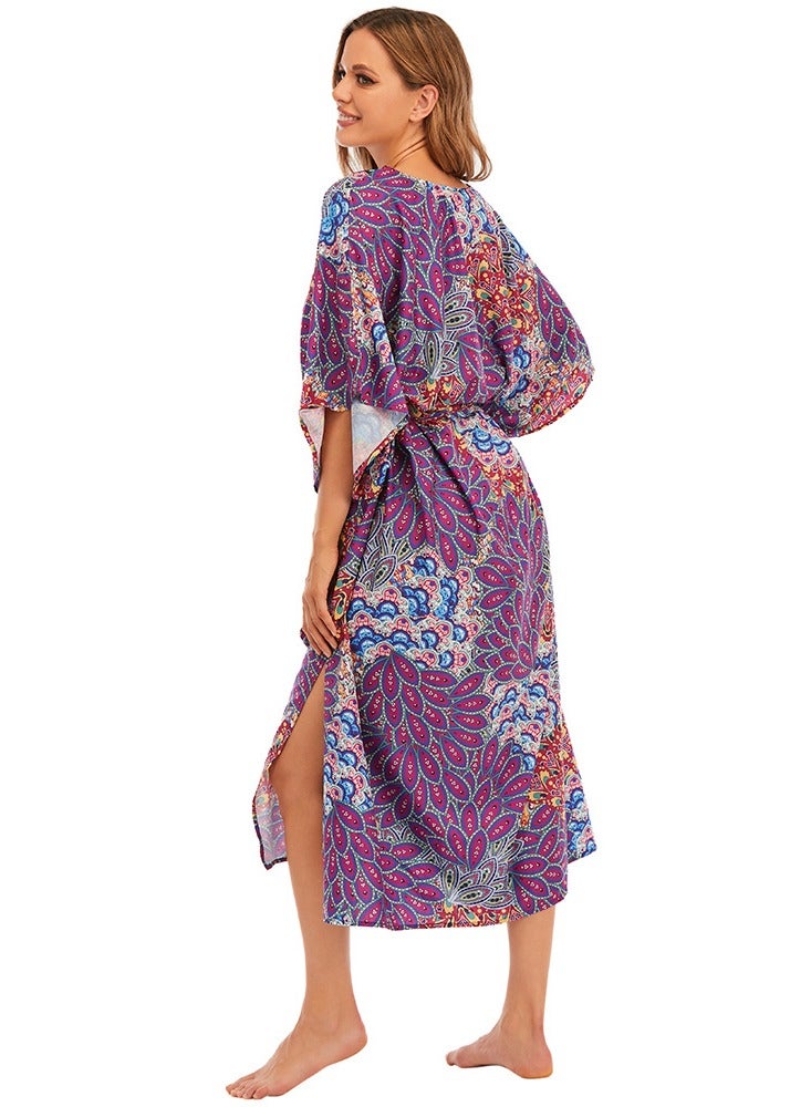 Women V-neck Beach Long Dress Sunscreen Clothing Beach Coat Loos Bikini Smock with Blend Dye Print，Quick Drying Polyester Fiber Fabric(One-Size-Fits-All) - Image 5