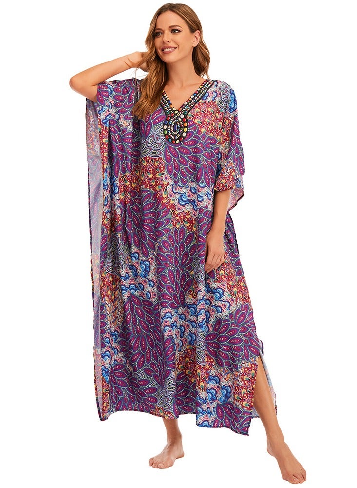 Women V-neck Beach Long Dress Sunscreen Clothing Beach Coat Loos Bikini Smock with Blend Dye Print，Quick Drying Polyester Fiber Fabric(One-Size-Fits-All) - Image 4