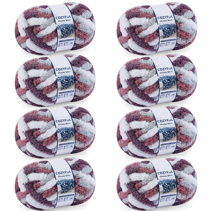 Cozyful Chunky Yarn for Hand Knitting - #10 Chunky Chenille Blanket Yarn, Jumbo Big Thick Chunky Yarns for Crocheting, Tie Dye Bulky Knit Yarns, 8 Skein (25 yds 8 oz Each Skein), Purple&Mauve&Grey - Image 1