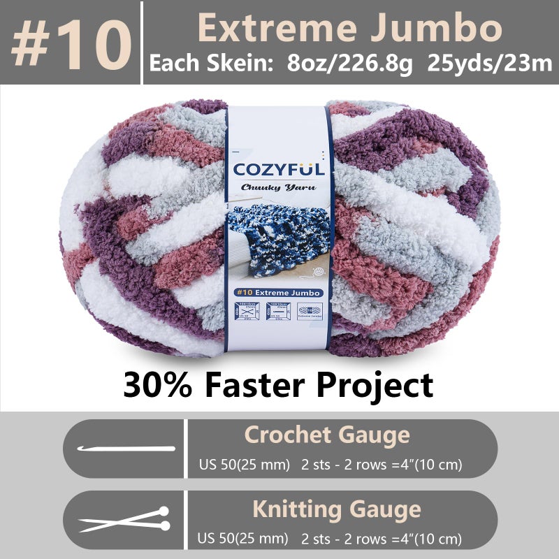 Cozyful Chunky Yarn for Hand Knitting - #10 Chunky Chenille Blanket Yarn, Jumbo Big Thick Chunky Yarns for Crocheting, Tie Dye Bulky Knit Yarns, 8 Skein (25 yds 8 oz Each Skein), Purple&Mauve&Grey - Image 2