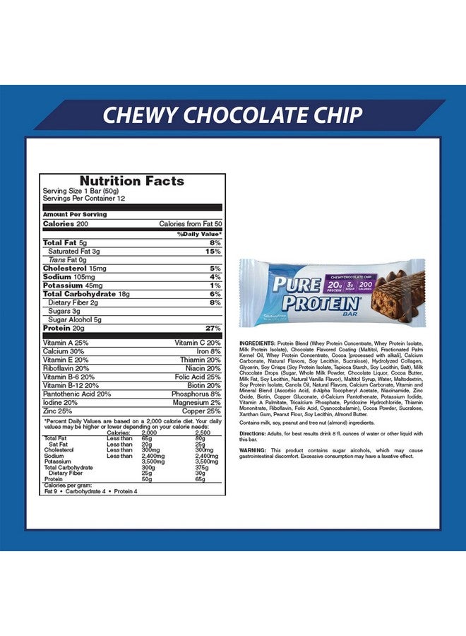 بيور بروتين أشرطة بروتين نقية، نسبة عالية من البروتين، وجبات خفيفة مغذية لدعم الطاقة، سكر منخفض، خالية من الجلوتين، رقائق شوكولاتة مطاطية، 1.76 أونصة، 6 قطع (عبوة من قطعتين) - Image 4