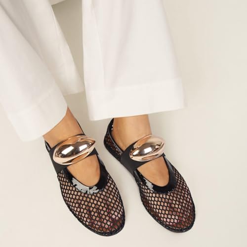 MICIFA Mesh Ballet Flats for Women Metal Decor Ballerina Mary Jane Flats Round Toe Buckle Casual Dress Ballet Flats Shoes BlackGold - Image 2