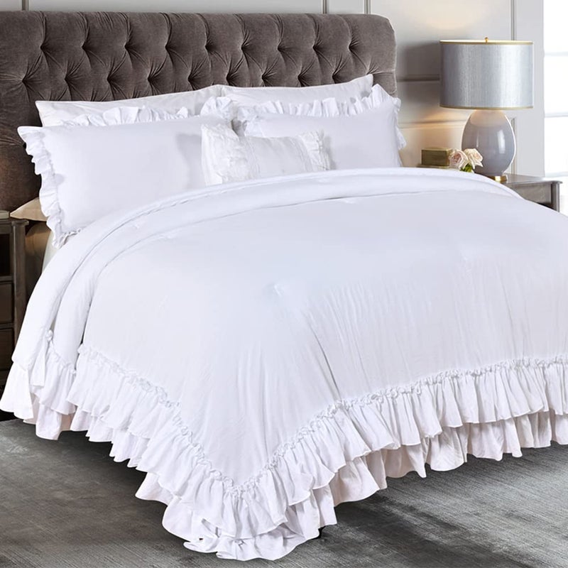 Masaca White Ruffled Comforter Set QueenLightweight Farmhouse Shabby Boho Chic White BeddingUltra Soft Fluffy Washed Microfiber Bed Comforter Set 3Piece 1 White Comforter2 Ruffle Pillow Shams
